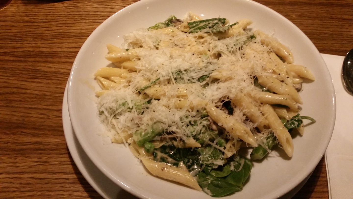DINNER:PENNE WITH WILD MUSHROOMS 11.25 12.25 A selection of shiitake, chestnut, oyster and button 631 mushrooms, garlic, peas, spinach, asparagus, truffle infused oil and bella lodi cheese in a creamy mushroom sauce