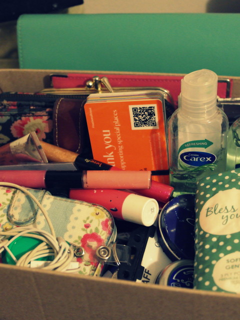 JamJarGill: KonMari: Bags: Shoebox of handbag contents (umbrellas removed)