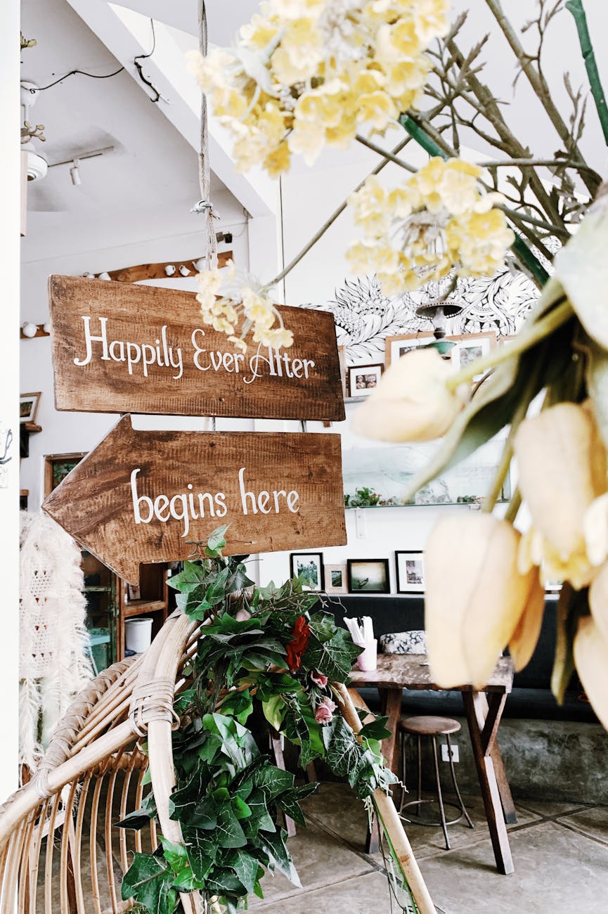 Rustic wedding day tips sign reading 'Happily Ever After begins here,' surrounded by greenery and flowers, perfect for avoiding wedding day disasters.