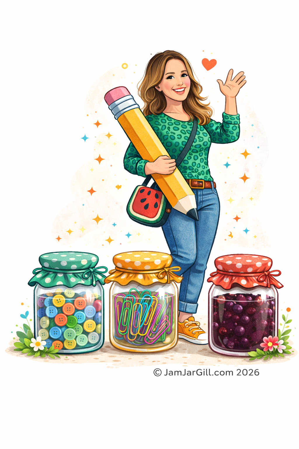 Portrait illustration of a smiling woman holding a yellow pencil with three jars in front filled with buttons, paperclips, and blackcurrant jam. She wears a green leopard-print top, jeans, and a watermelon bag, with a © JamJarGill.com 2026 mark.