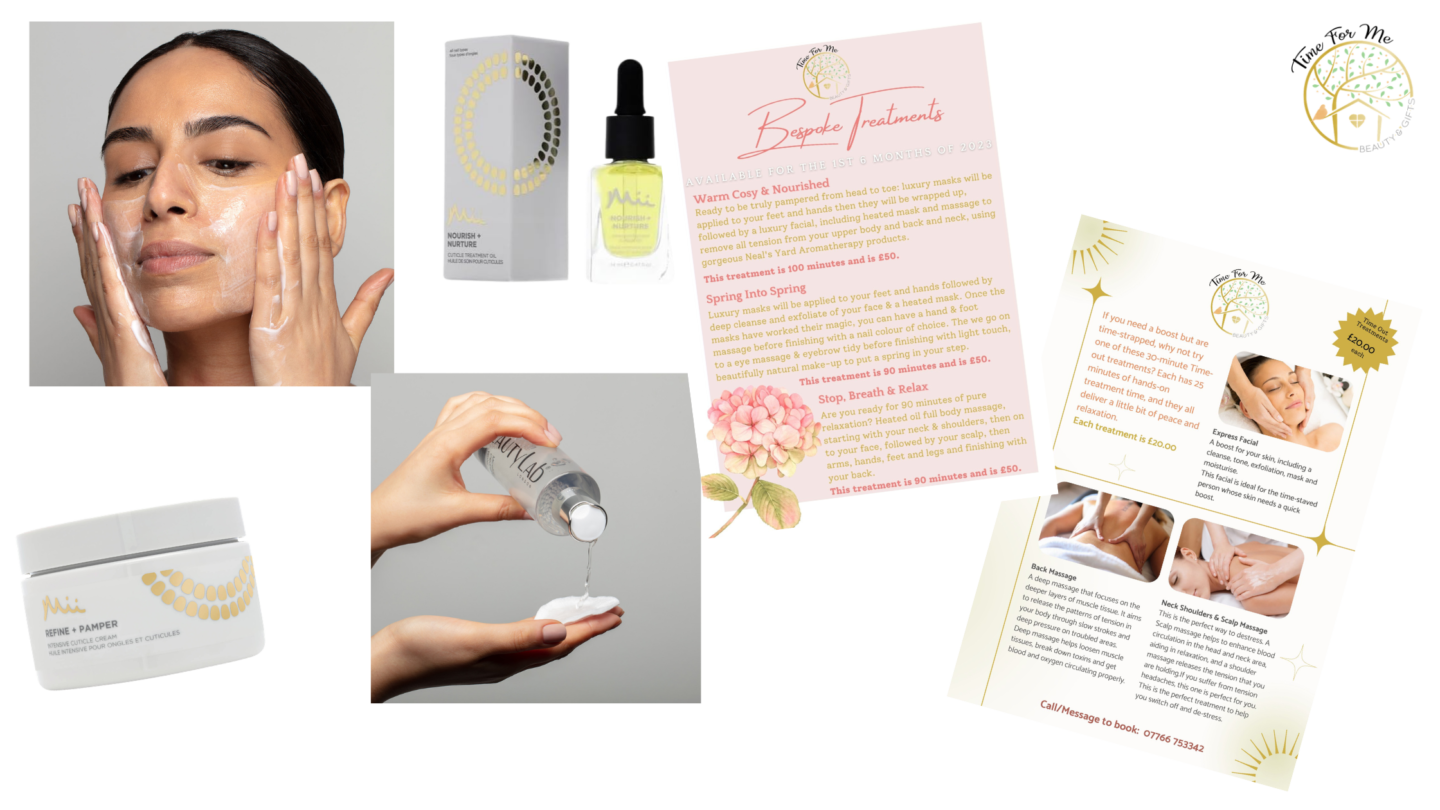 Time For Me Beauty product photos and leaflet graphics used in an email newsletter case study for small business